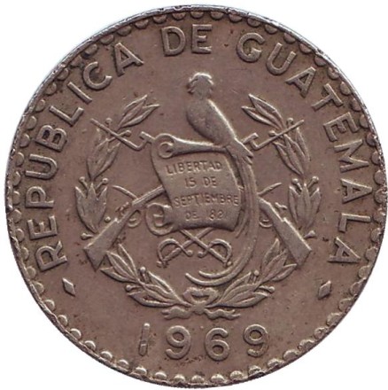 Монета 25 сентаво. 1969 год, Гватемала. Индианка.