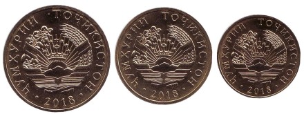 Набор монет Таджикистана. (3 штуки). 10, 20, 50 сомони. 2018 год, Таджикистан.