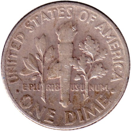 Монета 10 центов. 1947 год, США. (Без отметки монетного двора). Рузвельт. Монета 10 центов. 1947 год, США. (Без отметки монетного двора). Рузвельт.