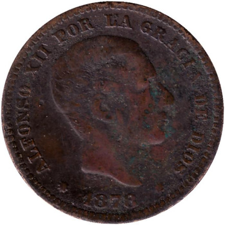 Монета 5 сантимов. 1878 год, Испания.