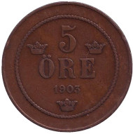 Монета 5 эре. 1903 год, Швеция. Монета 5 эре. 1903 год, Швеция.