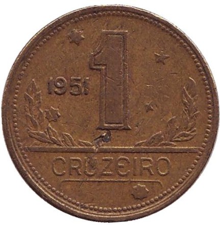 Монета 1 крузейро. 1951 год, Бразилия. Карта Бразилии. Монета 1 крузейро. 1951 год, Бразилия. Карта Бразилии.
