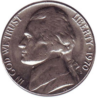 Джефферсон. Монтичелло. Монета 5 центов. 1970 год (D), США.