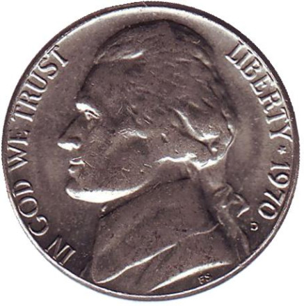 Монета 5 центов. 1970 год (D), США. Джефферсон. Монтичелло.