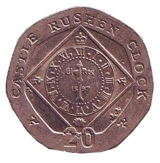 Монета 20 пенсов. 2014 год, Остров Мэн. Часы замка Рашен.