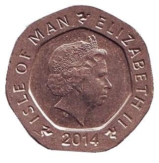 Монета 20 пенсов. 2014 год, Остров Мэн. Часы замка Рашен.