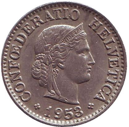 Монета 10 раппенов. 1953 год, Швейцария. Монета 10 раппенов. 1953 год, Швейцария.