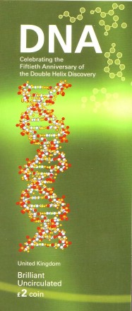 Монета 2 фунта. 2003 год, Великобритания. 50 лет открытия структуры ДНК. В буклете. Монета 2 фунта. 2003 год, Великобритания. 50 лет открытия структуры ДНК. В буклете.