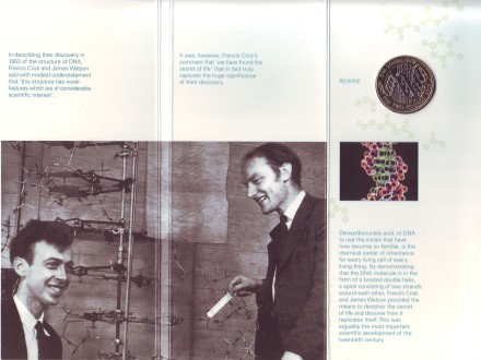 Монета 2 фунта. 2003 год, Великобритания. 50 лет открытия структуры ДНК. В буклете. Монета 2 фунта. 2003 год, Великобритания. 50 лет открытия структуры ДНК. В буклете.