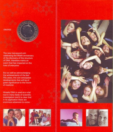 Монета 2 фунта. 2003 год, Великобритания. 50 лет открытия структуры ДНК. В буклете. Монета 2 фунта. 2003 год, Великобритания. 50 лет открытия структуры ДНК. В буклете.