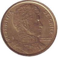 Монета 10 песо. 2003 год, Чили. Бернардо О’Хиггинс. Монета 10 песо. 2003 год, Чили. Бернардо О’Хиггинс.