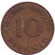 Монета 10 пфеннигов. 1972 год (F), ФРГ. Дубовые листья. Монета 10 пфеннигов. 1972 год (F), ФРГ. Дубовые листья.