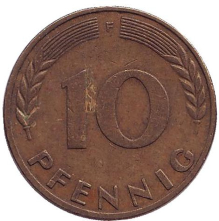 Монета 10 пфеннигов. 1972 год (F), ФРГ. Дубовые листья.