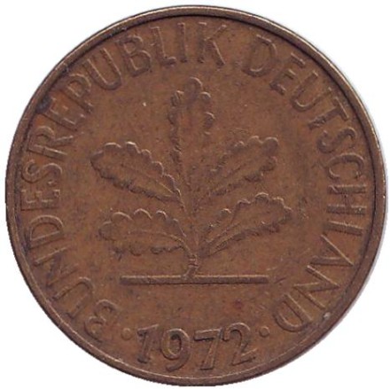 Монета 10 пфеннигов. 1972 год (F), ФРГ. Дубовые листья.