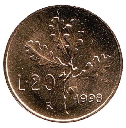Монета 20 лир. 1998 год, Италия. UNC. Дубовая ветвь.