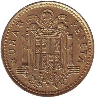 Монета 1 песета. 1975 год, Испания. (76 внутри звезды). Монета 1 песета. 1975 год, Испания. (76 внутри звезды).