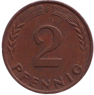 Монета 2 пфеннига. 1966 год (F), ФРГ. Дубовые листья. Монета 2 пфеннига. 1966 год (F), ФРГ. Дубовые листья.