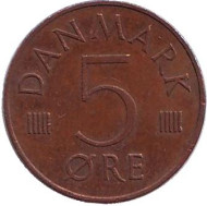 Монета 5 эре. 1977 год, Дания. Монета 5 эре. 1977 год, Дания.