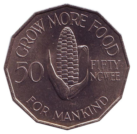 Монета 50 нгве. 1969 год, Замбия. ФАО. Кукуруза. 5 лет независимости.