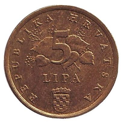 Монета 5 лип. 2002 год, Хорватия. Дуб черешчатый.