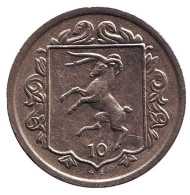 Монета 10 пенсов. 1984 год, Остров Мэн. (Отметка "AE"). Мэнский лохтан. Монета 10 пенсов. 1984 год, Остров Мэн. (Отметка "AE"). Мэнский лохтан.