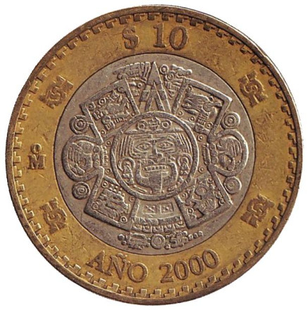 Монета 10 песо. 2000 год, Мексика. Смена тысячелетия.
