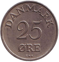 Монета 25 эре. 1960 год, Дания. (Старый тип). Монета 25 эре. 1960 год, Дания. (Старый тип).