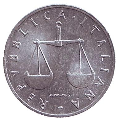 Монета 1 лира. 1956 год, Италия. Рог изобилия.