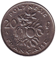 Монета 20 франков. 1993 год, Французская Полинезия. Плод хлебного дерева, стручки ванили.