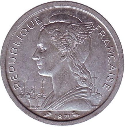 Монета 1 франк. 1971 год, Реюньон. Сахарный тростник. Монета 1 франк. 1971 год, Реюньон. Сахарный тростник.