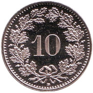Монета 10 раппенов. 2016 год, Швейцария. UNC. Монета 10 раппенов. 2016 год, Швейцария. UNC.