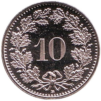 Монета 10 раппенов. 2016 год, Швейцария. UNC.