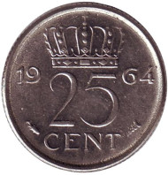 Монета 25 центов. 1964 год, Нидерланды. Монета 25 центов. 1964 год, Нидерланды.