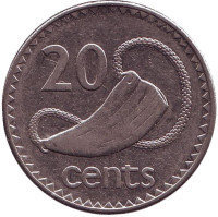 Культовый атрибут Tabua (зуб кита) на плетеном шнурке. Монета 20 центов. 1996 год, Фиджи.