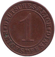 Монета 1 рейхспфенниг. 1936 год (A), Веймарская республика. Монета 1 рейхспфенниг. 1936 год (A), Веймарская республика.