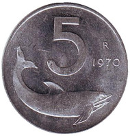 Монета 5 лир. 1970 год, Италия. Дельфин. Судовой руль. Монета 5 лир. 1970 год, Италия. Дельфин. Судовой руль.