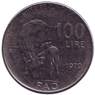 Монета 100 лир. 1979 год, Италия. FAO. Монета 100 лир. 1979 год, Италия. FAO.