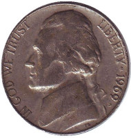 Монета 5 центов. 1969 год (S), США. Джефферсон. Монтичелло. Монета 5 центов. 1969 год (S), США. Джефферсон. Монтичелло.