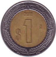 Монета 1 песо. 2011 год, Мексика. Монета 1 песо. 2011 год, Мексика.