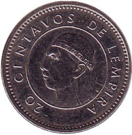 Монета 20 сентаво. 2010 год, Гондурас. Монета 20 сентаво. 2010 год, Гондурас.