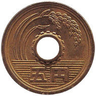 Монета 5 йен. 2004 год, Япония. Из обращения. Монета 5 йен. 2004 год, Япония. Из обращения.