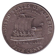 Монета 5 центов. 2004 год (D), США. Из обращения. Корабль экспедиции Льюиса и Кларка. Монета 5 центов. 2004 год (D), США. Из обращения. Корабль экспедиции Льюиса и Кларка.