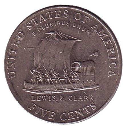Монета 5 центов. 2004 год (D), США. Из обращения. Корабль экспедиции Льюиса и Кларка.