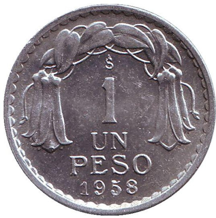 Монета 1 песо. 1958 год, Чили. aUNC. Бернардо О’Хиггинс.