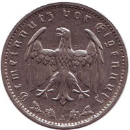 Монета 1 рейхсмарка. 1935 год, Германия (Третий Рейх). (A). Монета 1 рейхсмарка. 1935 год, Германия (Третий Рейх). (A).