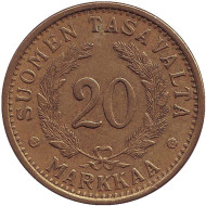 Монета 20 марок. 1936 год, Финляндия. Монета 20 марок. 1936 год, Финляндия.