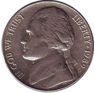 Монета 5 центов. 1989 год (D), США. Джефферсон. Монтичелло. Монета 5 центов. 1989 год (D), США. Джефферсон. Монтичелло.
