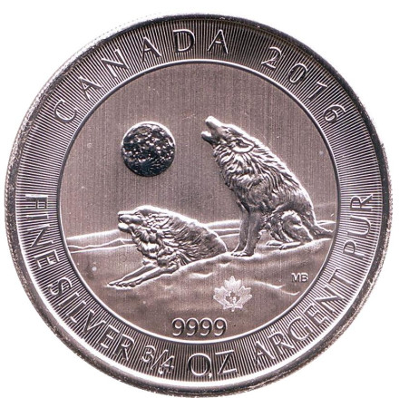 Монета 2 доллара. 2016 год, Канада. Серый волк. Вой волков.