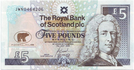 Банкнота 5 фунтов. 2005 год, Шотландия. Лорд Илай. Джек Никлаус, гольф.
