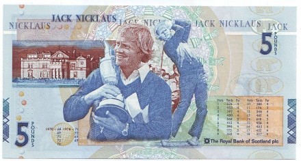 Банкнота 5 фунтов. 2005 год, Шотландия. Лорд Илай. Джек Никлаус, гольф.